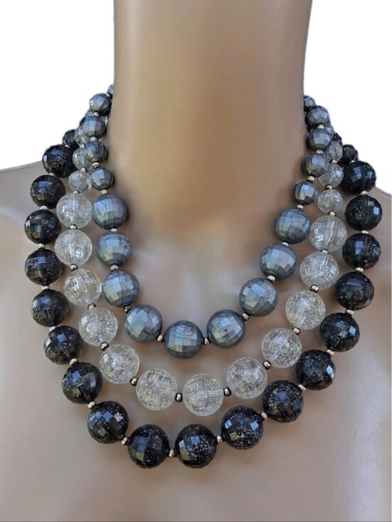 Vintage Jewelry - Vintage 1950s/60s Triple Strand Necklace - Grey, Crackle & Stardust Beads